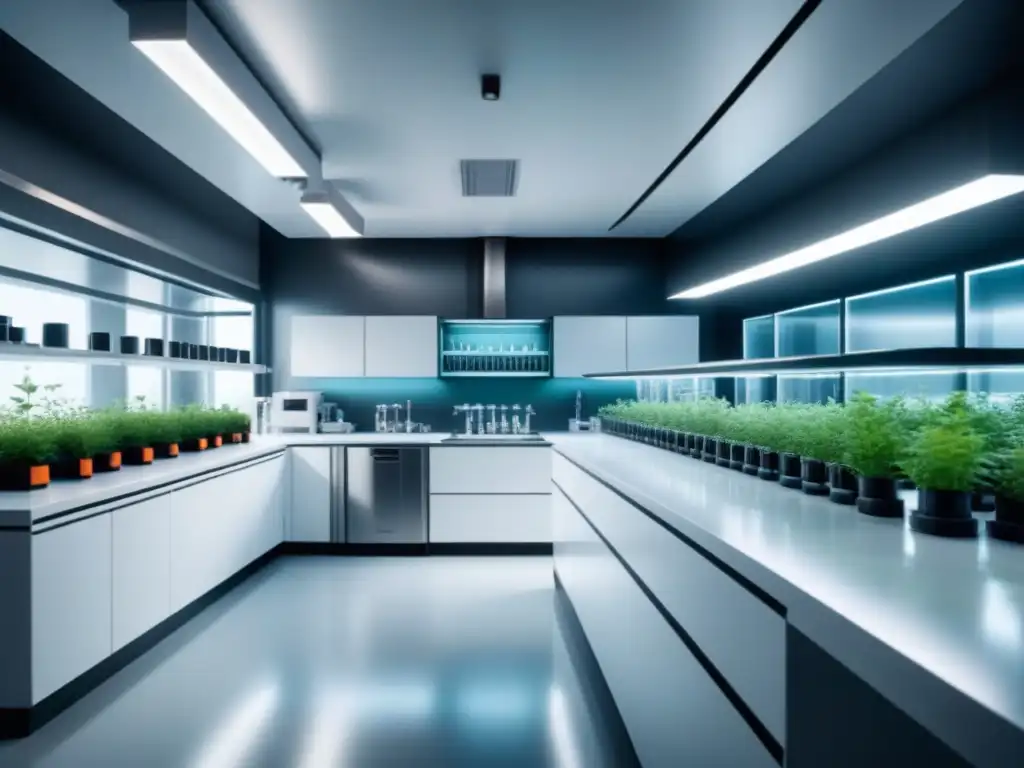 Avanzado laboratorio químico con equipos modernos y plantas verdes, casos éxito contenido técnico química