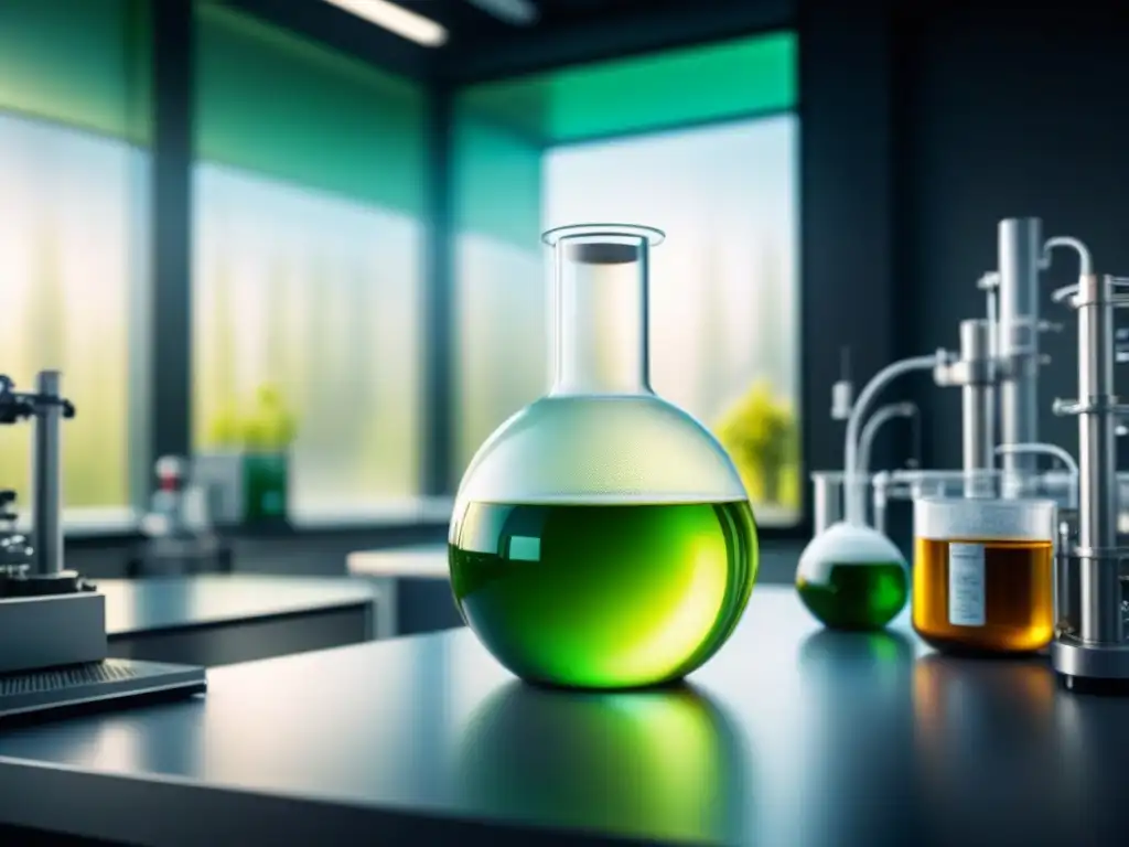 Avanzado laboratorio de química verde con bioreactor y líquido verde burbujeante