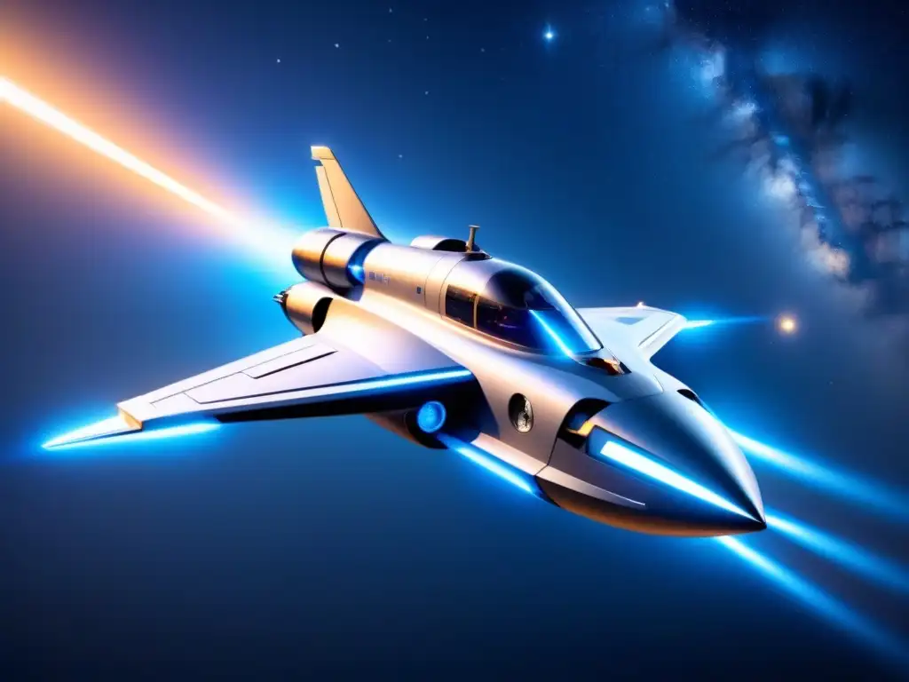 Nave espacial futurista con motor de plasma azul en el espacio estrellado Un avanzado y minimalista diseño de una astronave futurista con propulsores de plasma espaciales en un escenario estrellado