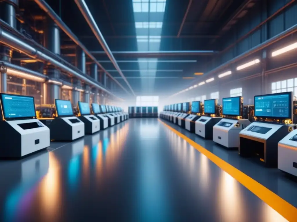 Planta industrial futurista: IoT interconectado Un avanzado piso de fábrica futurista lleno de dispositivos de Internet de las Cosas en industrias, conectados y trabajando en armonía