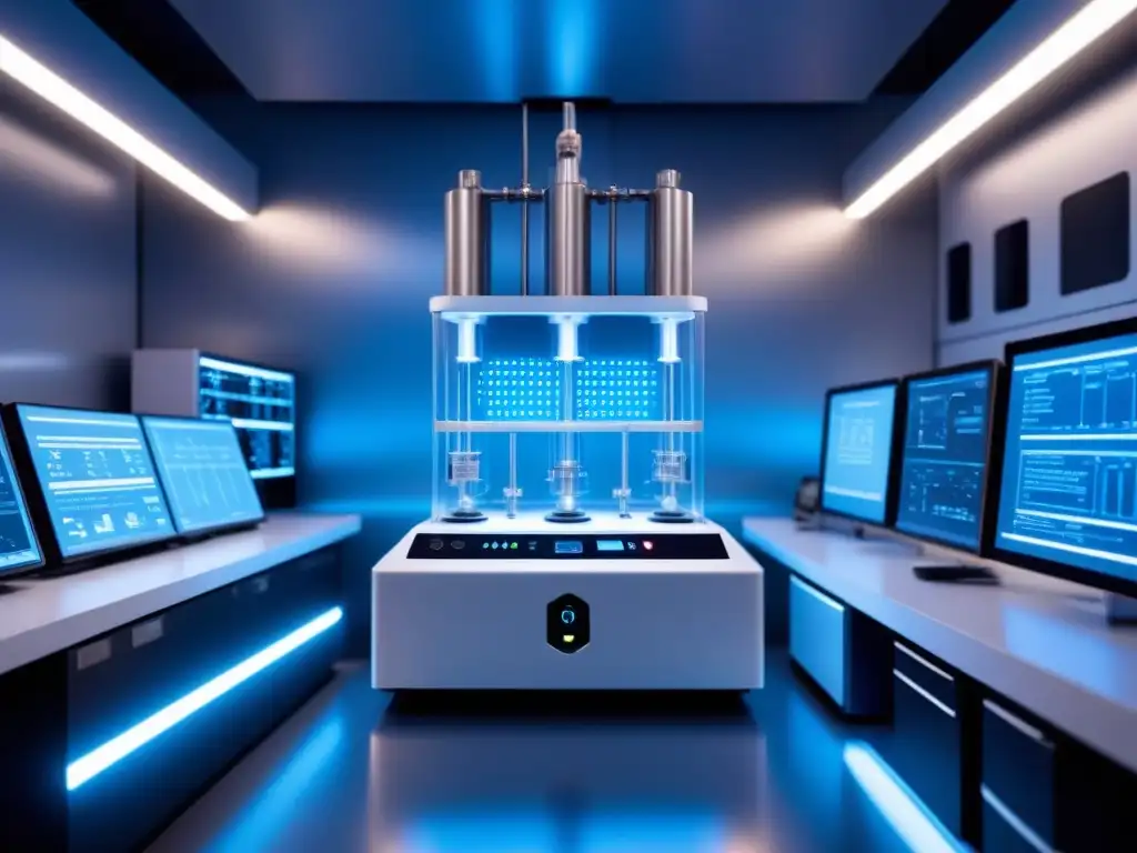 Un avanzado sistema de biorreactor en un laboratorio futurista, iluminado con una suave luz azul