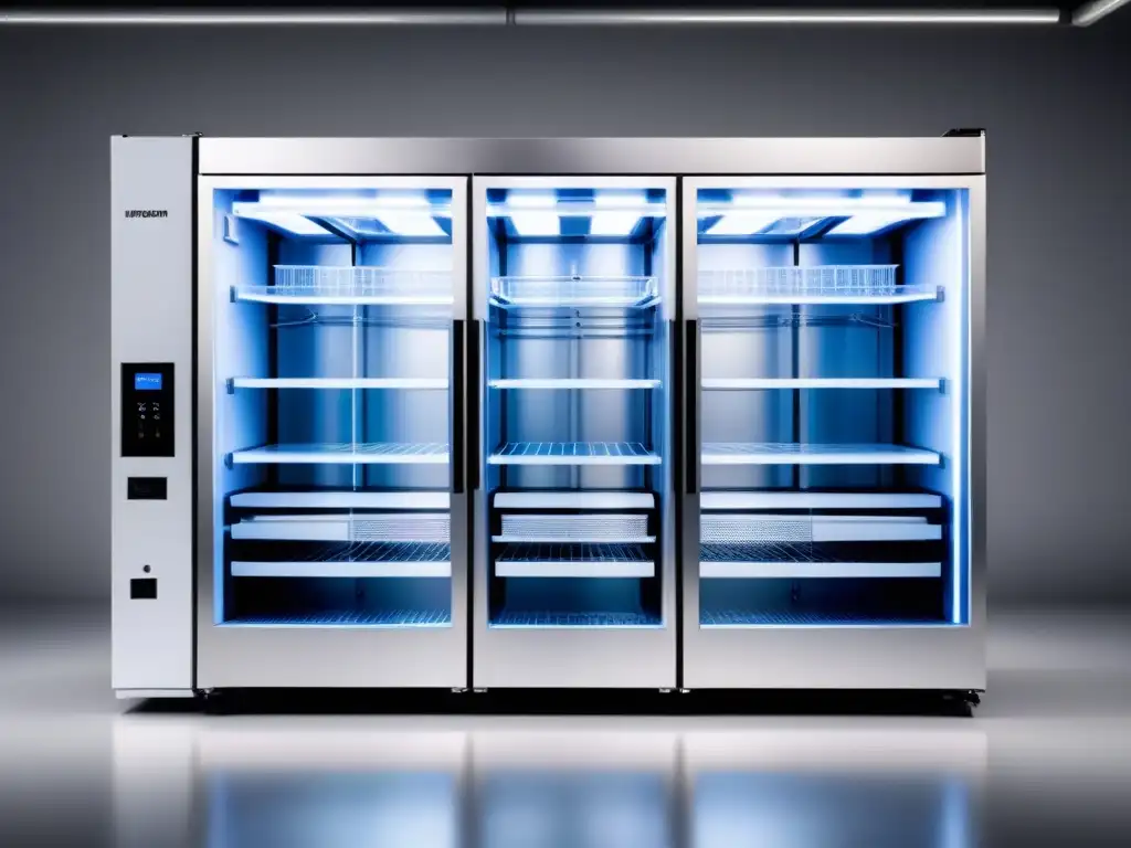 Avanzado sistema de refrigeración industrial para mejorar rendimiento, con diseño moderno y eficiente en blanco minimalista