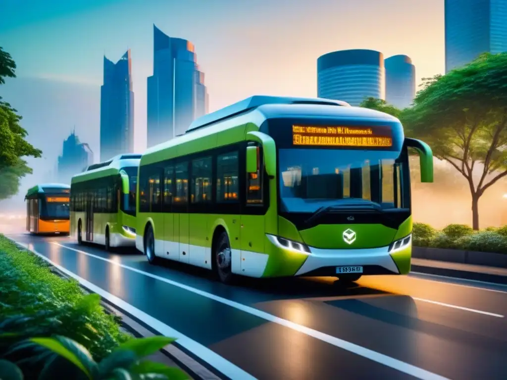 Avanzado sistema de transporte público con buses eléctricos en una ciudad moderna al atardecer, rodeada de vegetación