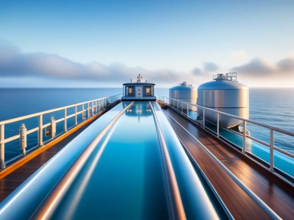 Avanzado sistema de tratamiento de aguas residuales en barco, tubos transparentes sobre un fondo de mar sereno y cielo azul