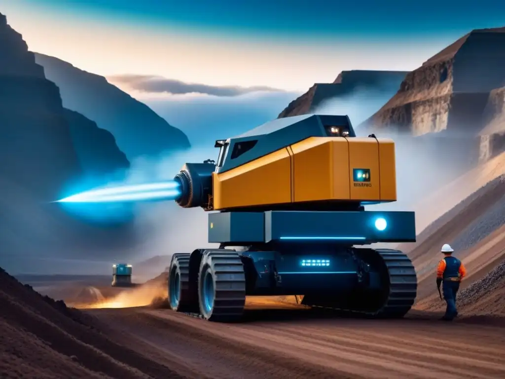 Perforadora futurista mina minerales con precisión Un avanzado taladro minero tecnológico extrae minerales con precisión en un entorno sostenible, fusionando tecnología y responsabilidad ambiental