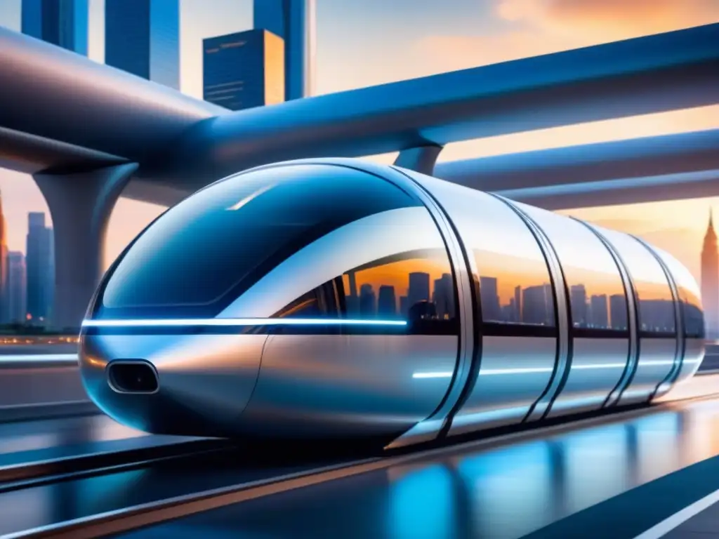 Avanzado pod Hyperloop en tubo transparente, simbolizando el Desarrollo del transporte Hyperloop sostenible en entorno urbano