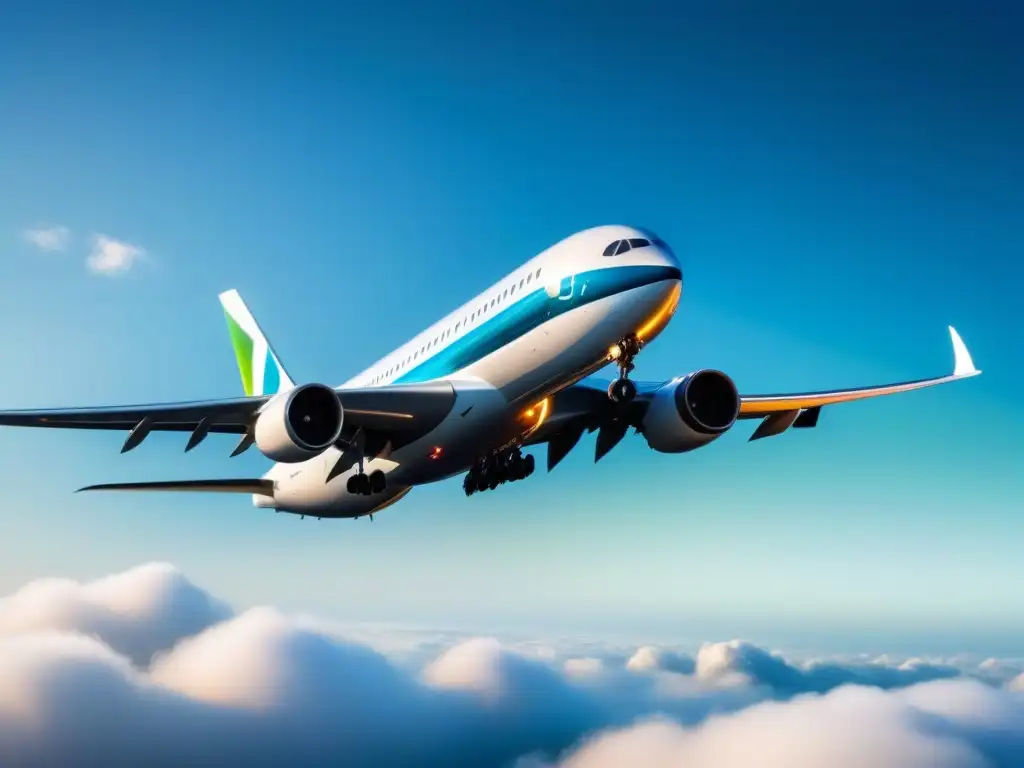 Avión futurista con biofuel verde: innovación ecoamigable Un avión futurista con biocombustibles de segunda generación, surcando el cielo azul