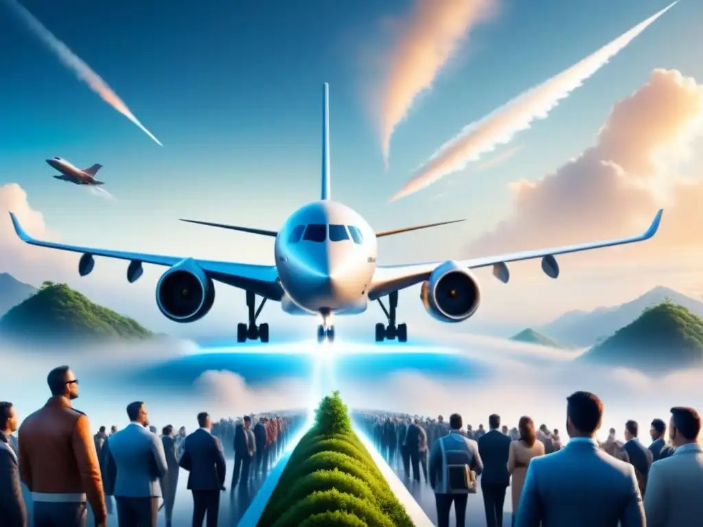 Avión futurista eco-friendly surcando el cielo azul Un avión futurista con biocombustibles sostenibles surcando un cielo azul
