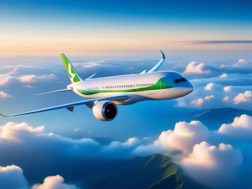 Aeroplano futurista eco-friendly surca cielo azul 8k Un avión futurista surca el cielo azul dejando una estela de biocombustible, simbolizando biocombustibles sostenibles para aviación