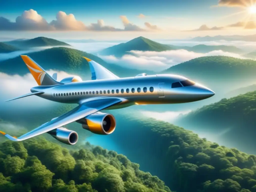 Avión futurista sostenible surcando cielos cristalinos Un avión futurista surca el cielo cristalino sobre bosques verdes, impulsado por biocombustibles de segunda generación