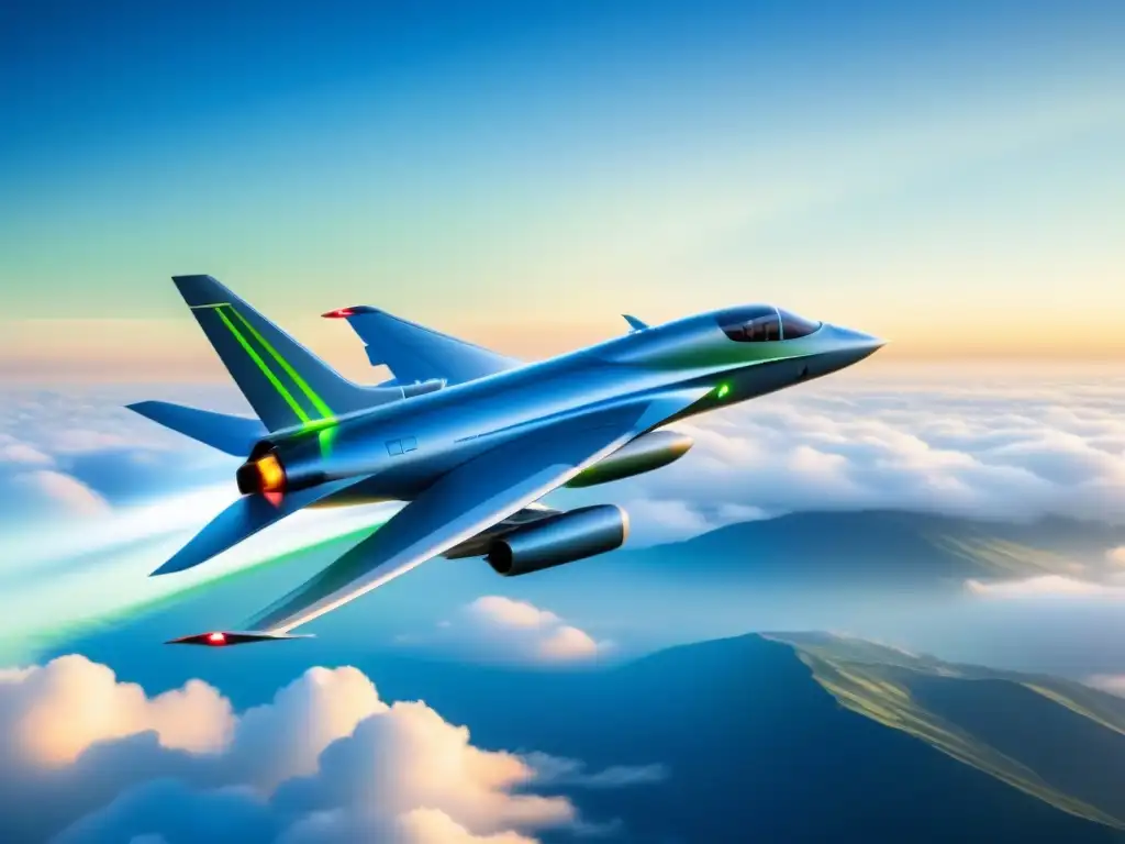 Avión futurista eco-friendly surcando cielo azul Un avión futurista impulsado por biocombustibles de segunda generación, surcando el cielo azul con líneas aerodinámicas y energía verde en sus motores