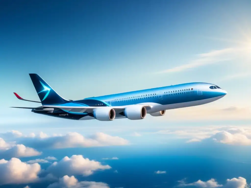 Avión futurista: vuelo sostenible en cielo azul Un avión futurista propulsado por biocombustibles de segunda generación surca el cielo azul