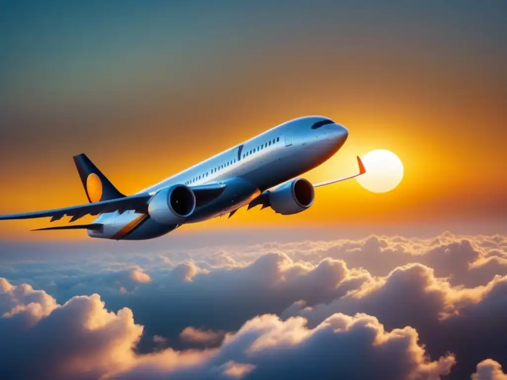Innovación aérea sostenible: avión moderno surca cielos al atardecer Un avión moderno surca el cielo al atardecer con biocombustibles sostenibles para aviación