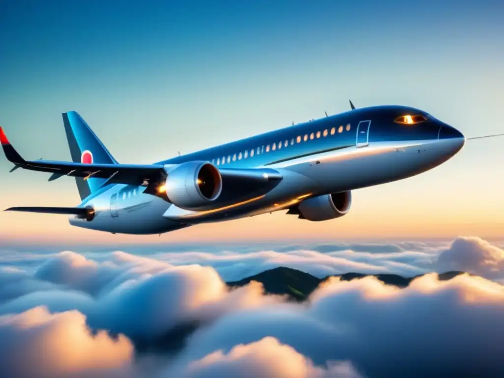 Avión sostenible del futuro con biocombustibles Un avión moderno surcando el cielo con elementos sostenibles, representando el futuro de la aviación con biocombustibles