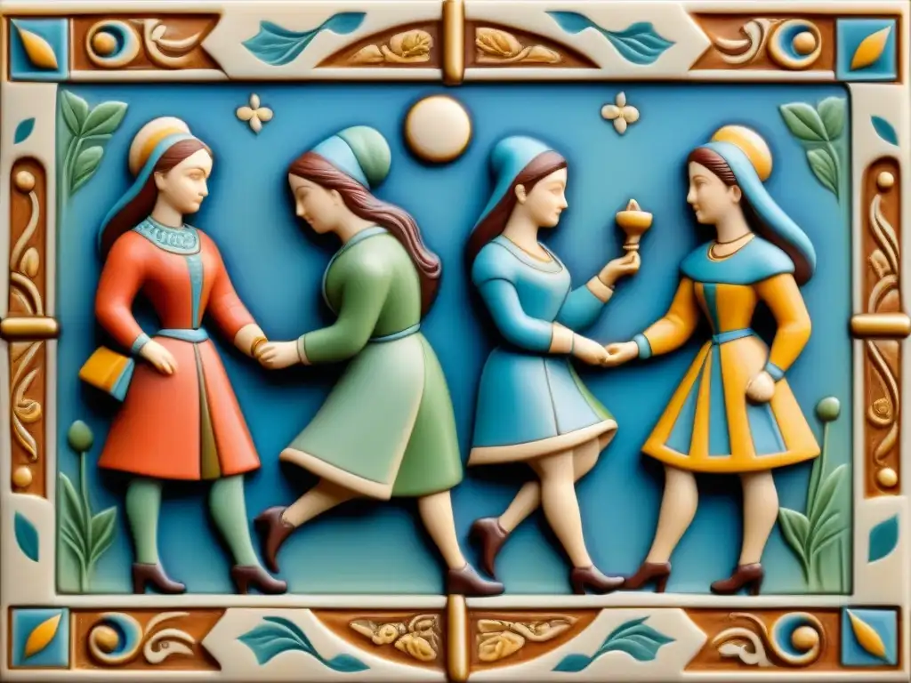 Un azulejo cerámico detallado que fusiona diseño medieval con motivos tecnológicos, simbolizando la evolución en cerámicas avanzadas