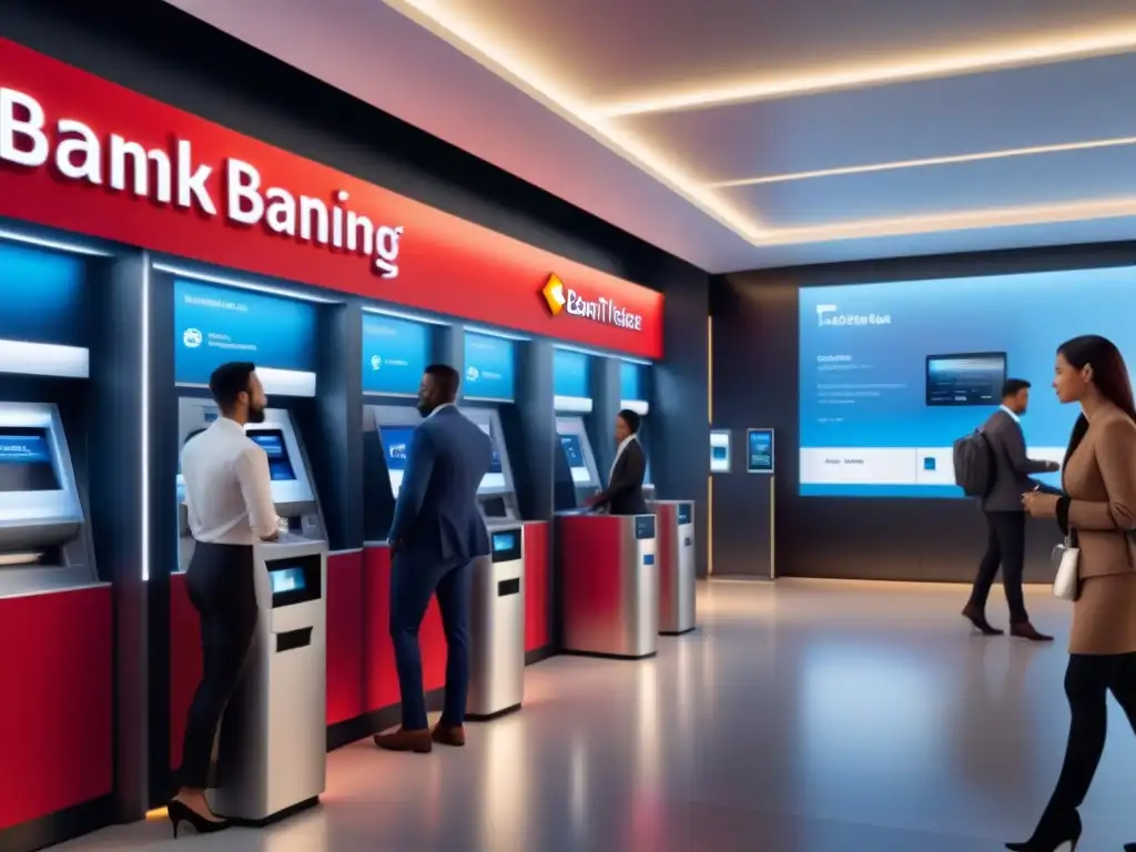 Un banco moderno y futurista con clientes utilizando cajeros automáticos y pantallas digitales