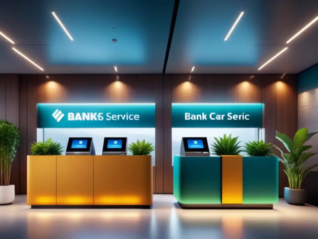 Un banco moderno con kioscos de servicio al cliente AI, iluminación energéticamente eficiente y plantas, fusionando tecnología y sostenibilidad