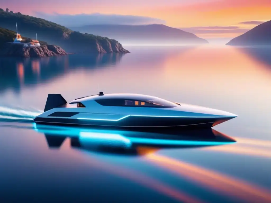 Un barco autónomo, elegante y futurista, navegando bajo un vibrante atardecer