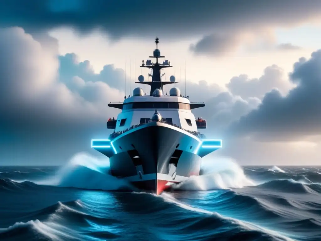 Un barco autónomo futurista navega en un vasto mar embravecido, con tecnología AI avanzada