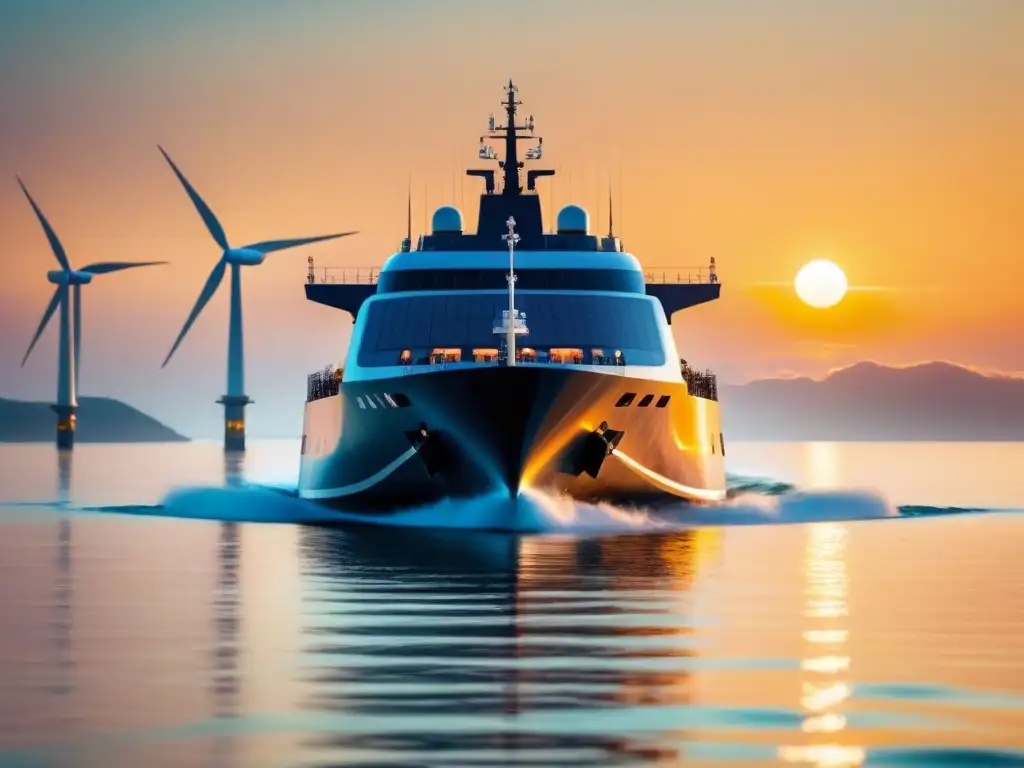 Un barco de carga futurista surca aguas cristalinas con energía solar y eólica al atardecer