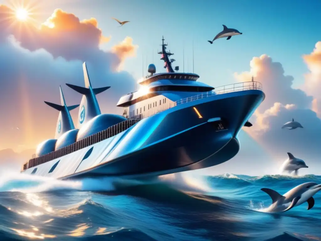 Un barco de carga futurista navega con energía renovable mientras delfines juegan en su estela