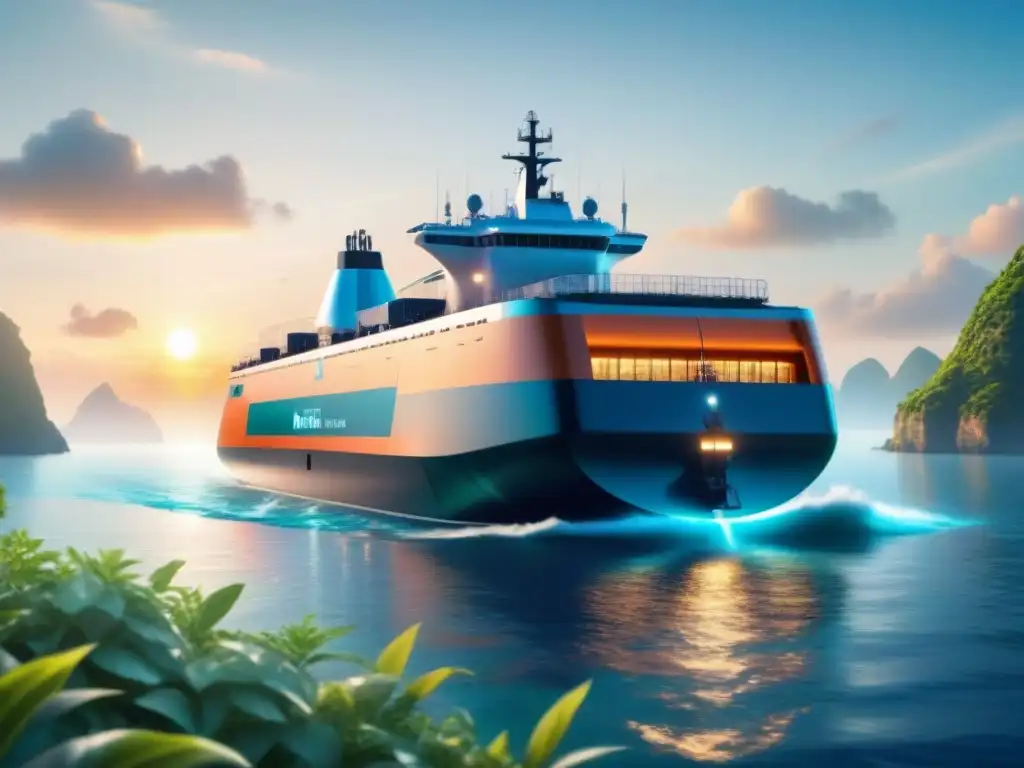 Un barco de carga futurista con energía renovable navega en aguas cristalinas, fusionando tecnología y naturaleza en la industria marítima