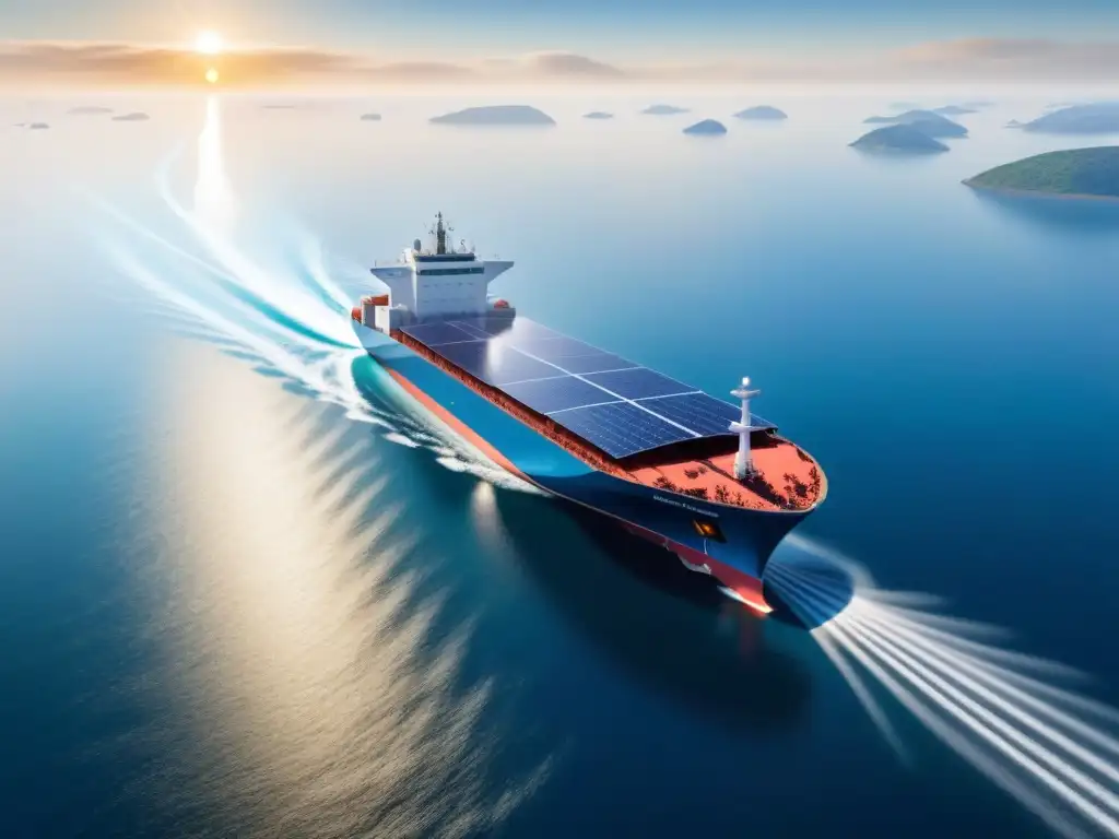 Un barco de carga futurista con paneles solares integrados, reflejando la energía renovable en transporte marítimo