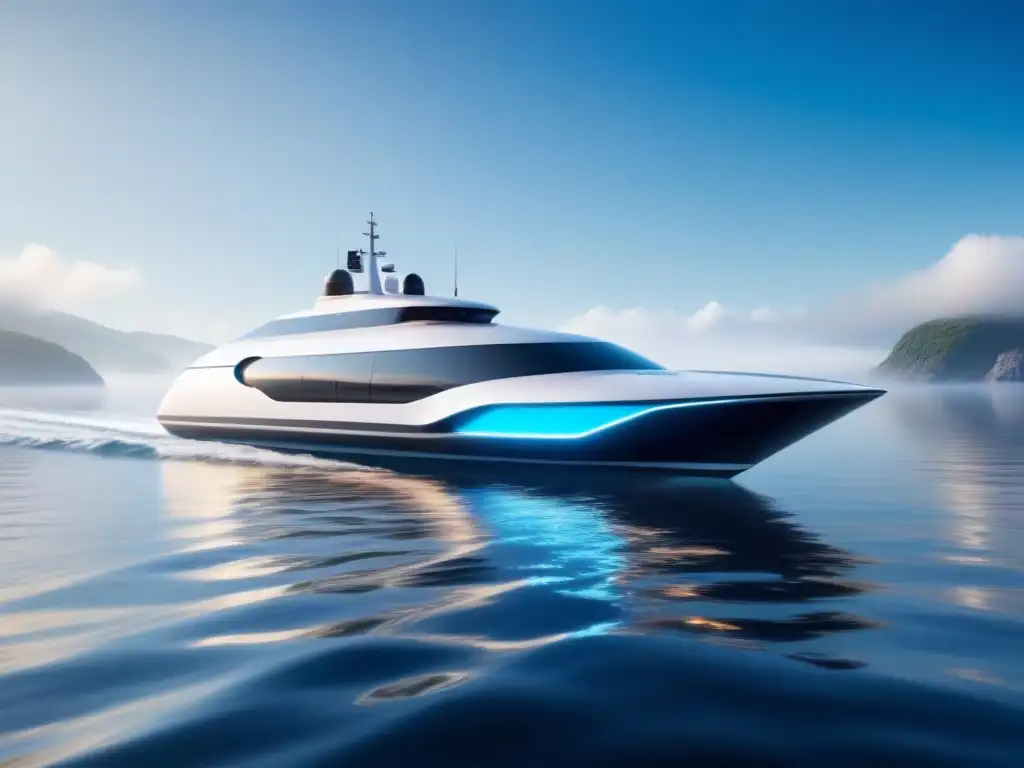 Un barco eléctrico futurista navega elegantemente en aguas tranquilas, contrastando con buques tradicionales