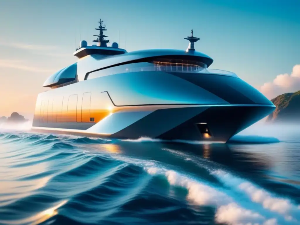 Nave futurista con tecnología avanzada para el tratamiento de aguas Un barco futurista con avanzada gestión de aguas de lastre navegando en un mar biodiverso