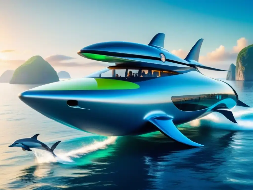 Un barco futurista navega con energía limpia, rodeado de delfines