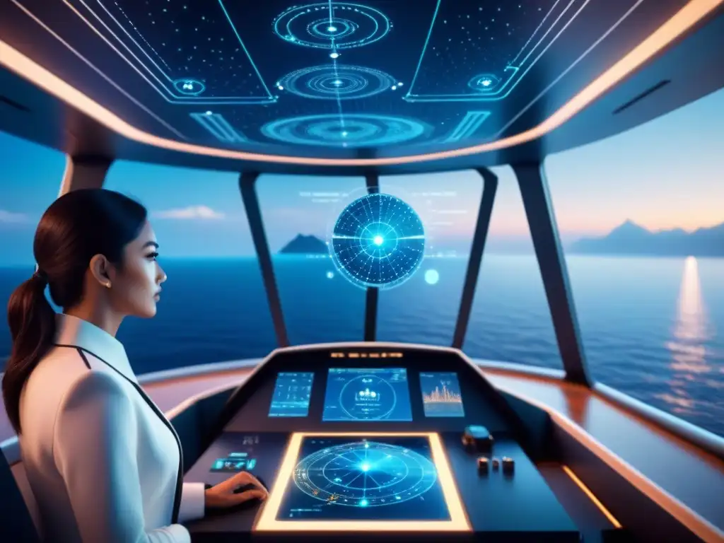 Barco futurista con software avanzado, rutas marítimas eficientes y tecnología de vanguardia navegando en un mar digitalizado y estrellado