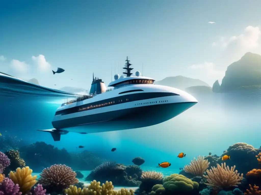 Barco futurista con tecnología ecológica surca aguas cristalinas Un barco futurista con tecnología de gestión de aguas de lastre navegando en aguas cristalinas llenas de vida marina diversa