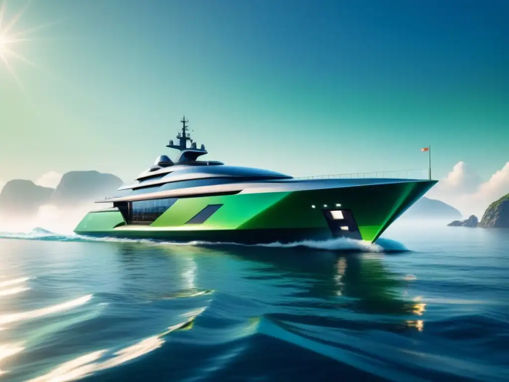 Un barco futurista verde con tecnología avanzada navegando en aguas cristalinas, representando la innovación en tecnología verde en barcos