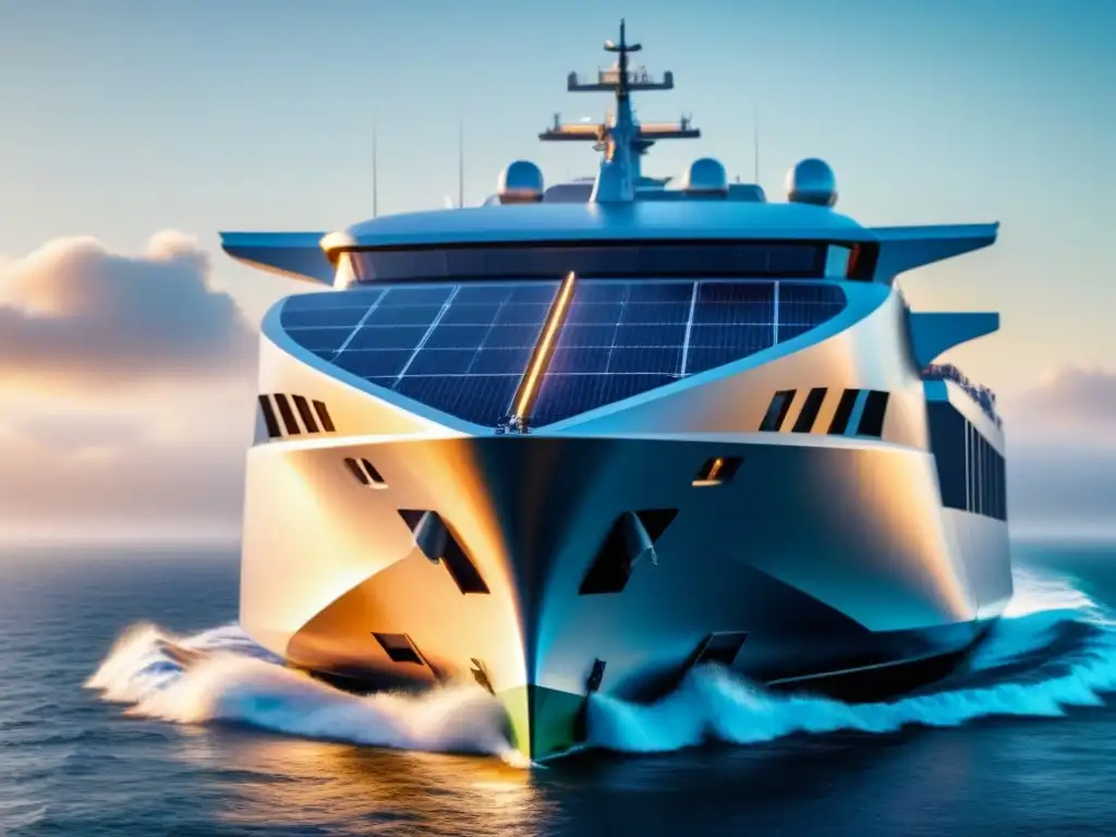 Un barco moderno con materiales sostenibles como paneles solares y turbinas eólicas, en un océano cristalino