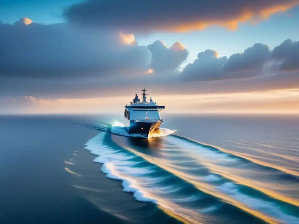 Un barco moderno navegando en un océano tranquilo al atardecer, simbolizando la innovación en combustibles marinos