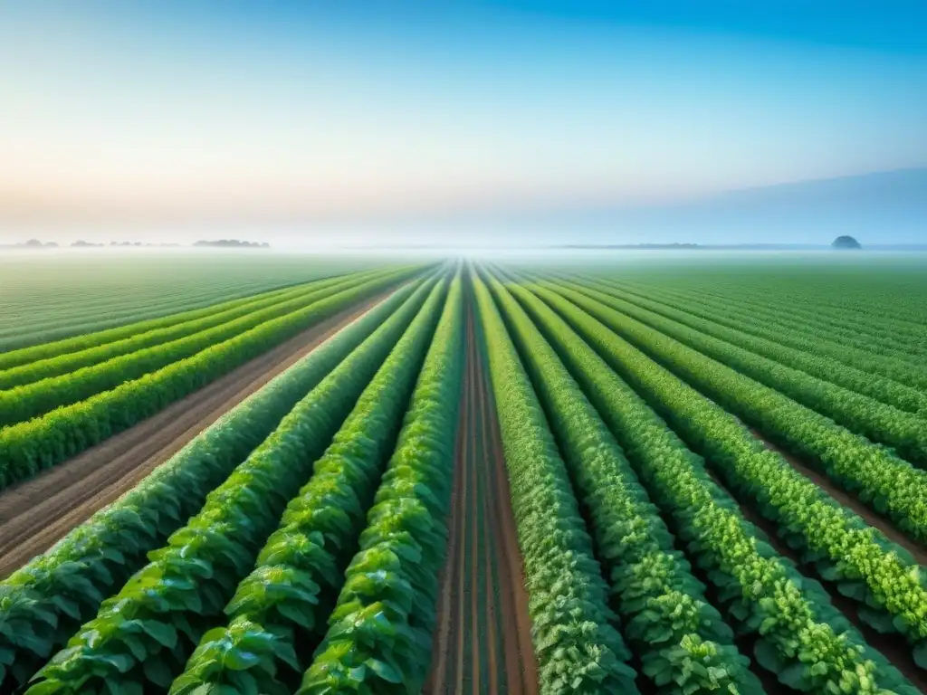 Beneficios del GPS en agricultura: Campo verde interminable con cultivos alineados perfectamente bajo cielo azul