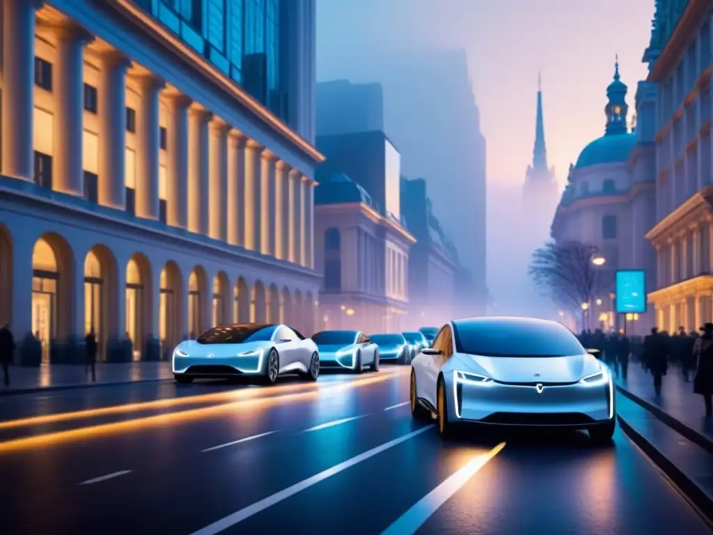 Beneficios de vehículos eléctricos sostenibles en una ciudad futurista iluminada por energía renovable