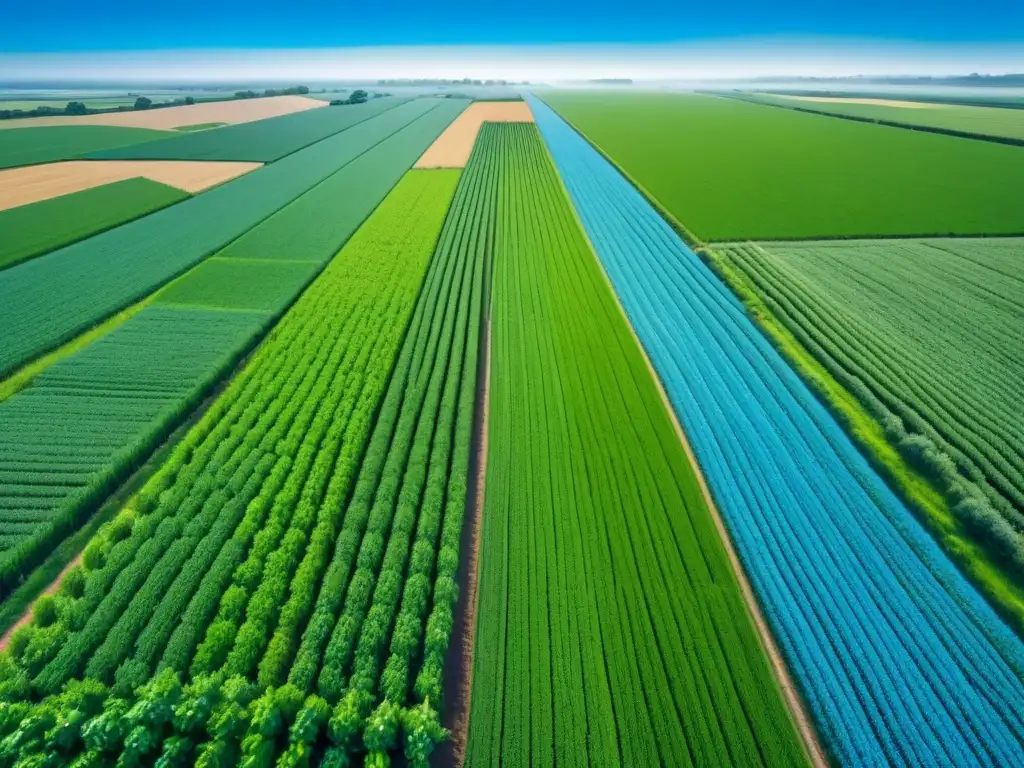 Beneficios del GPS en agricultura: Campo agrícola verde y simétrico, detallado y preciso bajo cielo azul