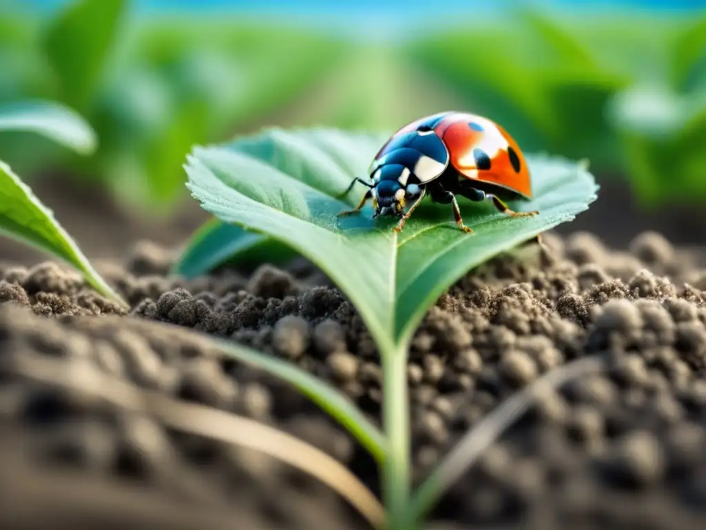 Biocontrol natural para proteger cultivos: Detalle de campo agrícola con cultivos sanos y una mariquita en una hoja verde vibrante