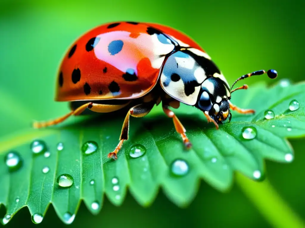 Biocontrol de plagas con organismos: Una mariquita posada en una hoja verde vibrante, con gotas de agua y reflejos de luz solar