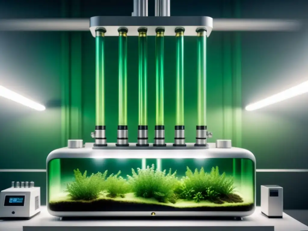 Un biodigestor futurista para la producción de biocombustibles de algas sostenibles en un laboratorio blanco y minimalista