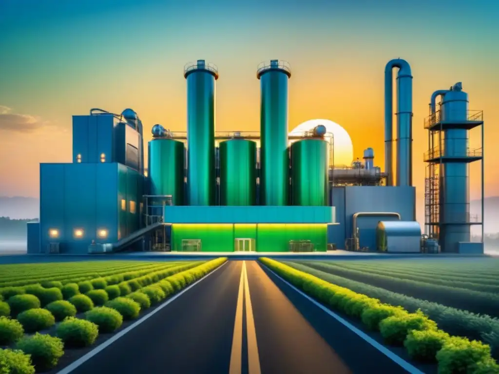 Planta biofuel futurista en atardecer, desafíos cadena suministro biocombustibles avanzados