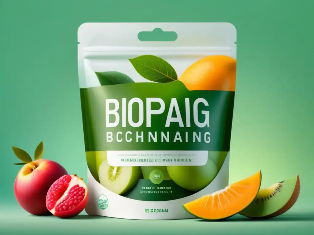 Un biopackaging sostenible alimentario héroe: diseño moderno en verde suave y blanco, con frutas frescas y tipografía elegante