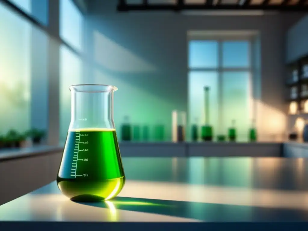 Biopolímeros sostenibles para industrias verdes: Laboratorio blanco con biopolímero verde en vaso de vidrio iluminado por luz natural