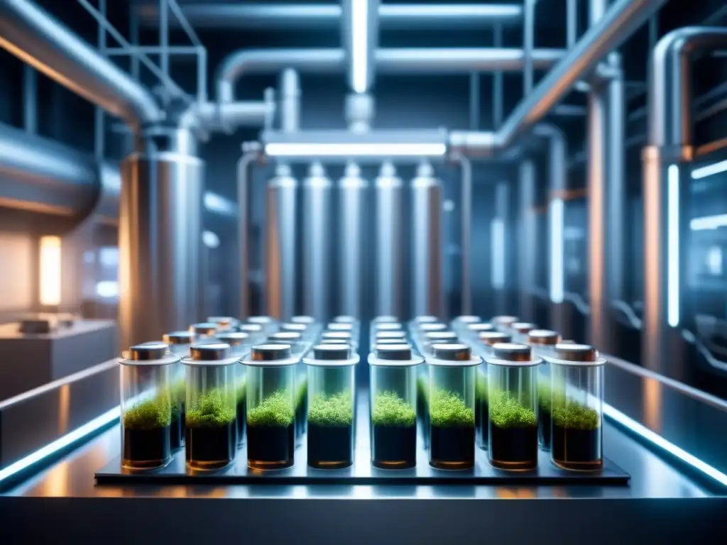 Un bioreactor de alta tecnología procesando desechos orgánicos en un entorno industrial futurista y minimalista