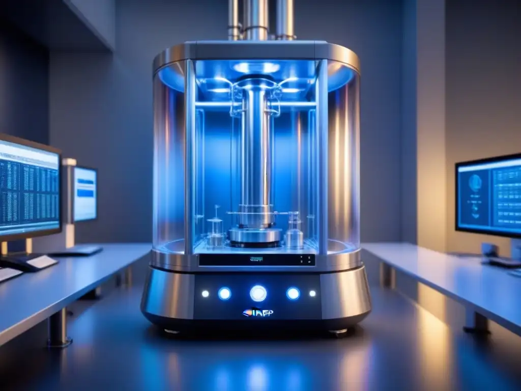 Un bioreactor farmacéutico de última generación iluminado con luces LED azules, mostrando un diseño futurista y tecnología avanzada