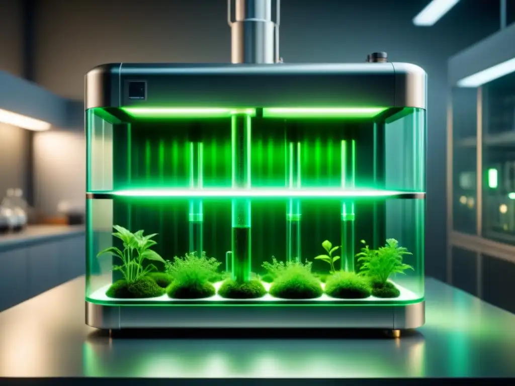 Un bioreactor futurista con algas modificadas genéticamente en un laboratorio oscuro de la industria energética