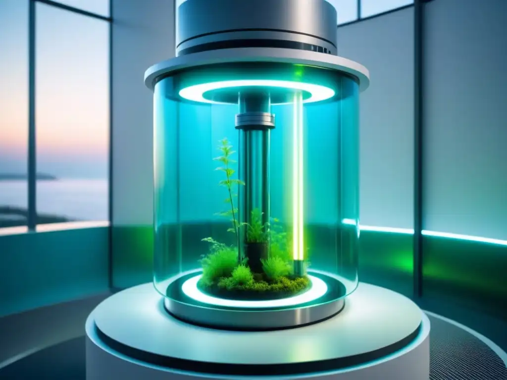 Un bioreactor futurista con algas modificadas genéticamente brillantes en tonos verdes y azules, promoviendo la innovación en la industria energética