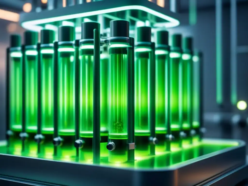 Un bioreactor futurista con algas modificadas genéticamente, iluminadas en verde, en un laboratorio de alta tecnología