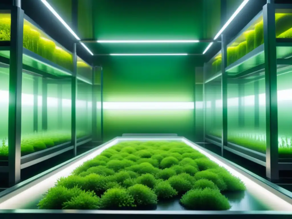 Un bioreactor futurista cultiva algas verdes en un entorno controlado